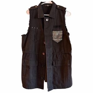 Miss Me Black Distressed Chain Embellished Studded Cut Off Denim Utility Vest M